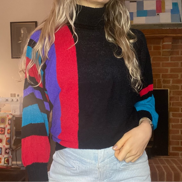 Vintage 90s West Coast Connection Lightweight Colorblock Art Turtleneck … - Picture 2 of 16